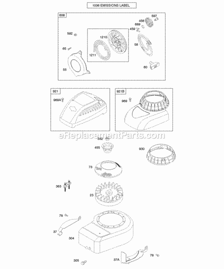 Blower HousingShrouds Flywheel Rewind Starter Diagram and Parts List for 09T702-0118-B1  Briggs and Stratton Engine